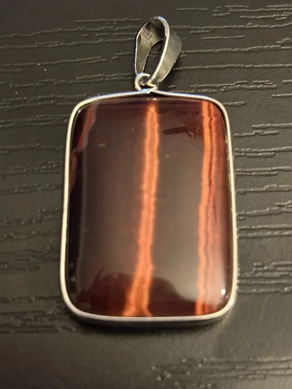 Vintage NOS Reddish Brown Rectangle Stone Pendant Silver Tone